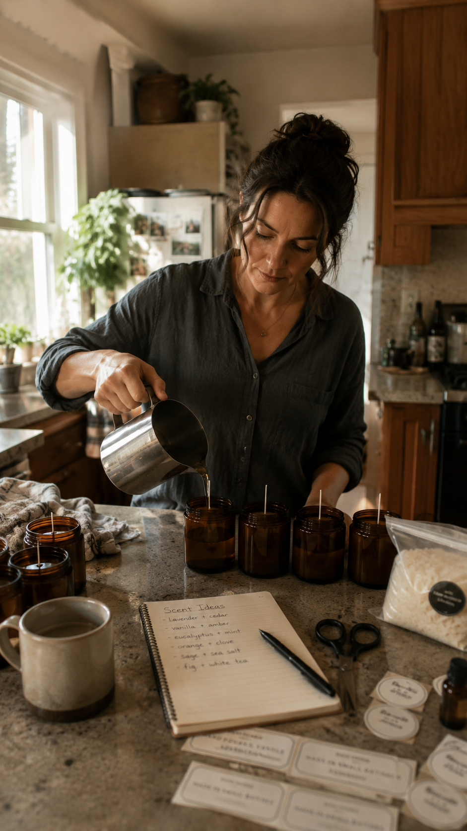 Hand-poured soy candles curing on a kitchen counter